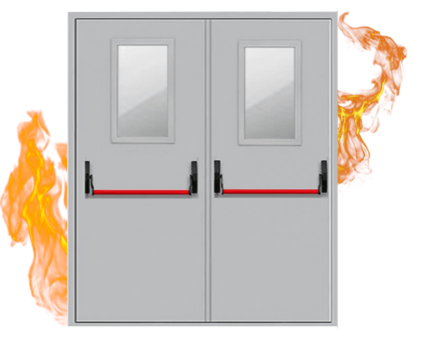 Двупольная противопожарная дверь с остеклением и антипаникой
